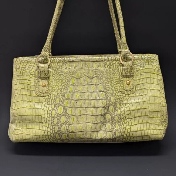 BRAHMIN ALDEN Avocado Green Gold Croc Embossed Leather Shoulder Purse Tote Bag - Picture 2 of 8
